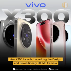 Promotional banner for the vivo X300 launch showcasing its sleek design and circular rear camera module. The highlight text mentions the phone’s revolutionary 200MP camera and modern aesthetic in multiple colors.