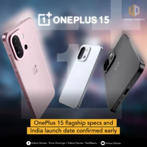 A leaked or promotional image showing the back of an unreleased OnePlus 15 smartphone in black. The phone features a new, redesigned square-shaped camera module in the upper-left corner containing three distinct circular cutouts for the lenses and flash. The OnePlus logo is centered on the lower back of the device.