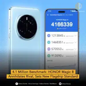 An advertisement showcasing the performance of the HONOR Magic 8 smartphone. The image features the phone's back, which is a glossy, light color with a large, central circular camera module labeled "MATRIX CAMERA." Next to the phone, its screen displays a benchmark result of 4,166,339, with individual scores for CPU (1,213,845), GPU (1,468,351), MEM (570,553), and UX (913,590). The benchmark results show the phone surpassing 99% or 98% of users. A yellow banner at the bottom reads, "4.1 Million Benchmark: HONOR Magic 8 Annihilates Rival, Sets New Flagship Standard."