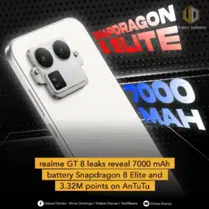 An advertisement revealing key leaked specifications for the realme GT 8 smartphone. The image features a white or silver phone shown from the back, highlighting its unique, rectangular camera module with two large lenses. Large, stylized text overlaying the image reads "SNAPDRAGON 8 ELITE" and "7000 MAH." A yellow banner at the bottom confirms the leaked details: "realme GT 8 leaks reveal 7000 mAh battery Snapdragon 8 Elite and 3.32M points on AnTuTu."