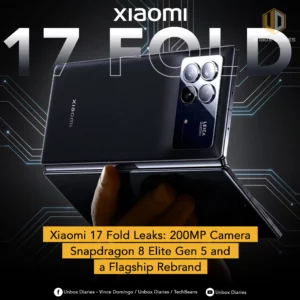 An advertisement for the leaked specifications of the Xiaomi 17 Fold foldable smartphone. The image features a hand holding the black phone half-folded, showcasing its rear camera system with four lenses, LEICA branding, and a sleek, textured back. Large, stylized text overlays the image, reading "XIAOMI 17 FOLD." A yellow banner at the bottom reveals the leaked specs: "Xiaomi 17 Fold Leaks: 200MP Camera Snapdragon Gen 5, and a Flagship Rebrand."