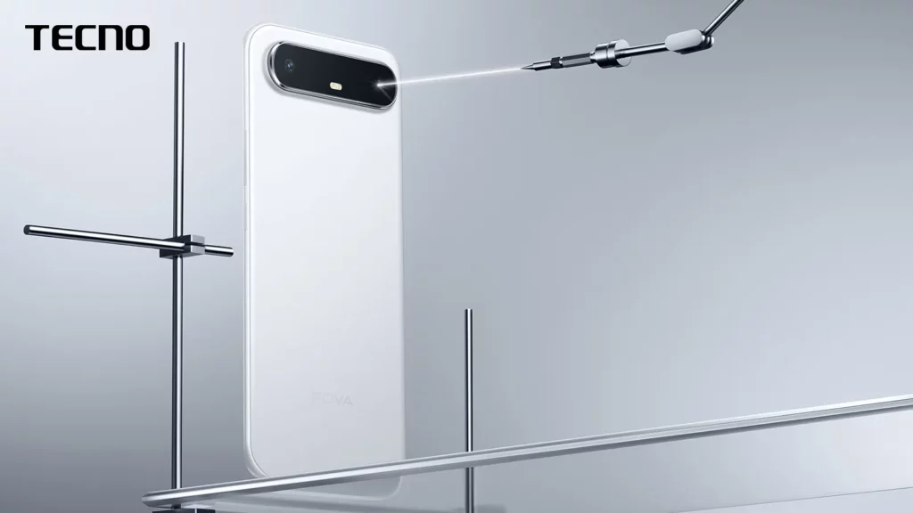 A white TECNO POVA smartphone is held in a lab-like setting, with a laser beam pointed at the camera module, showcasing its precision engineering.