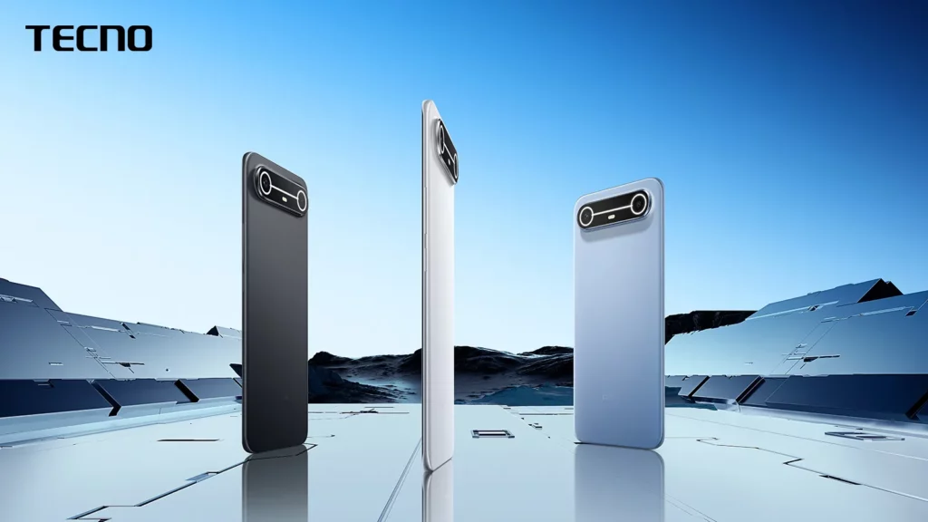 Three TECNO smartphones—one black, one white, and one blue—are displayed upright in a futuristic, desolate landscape, highlighting the different color options.
