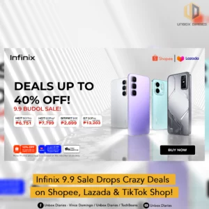 Infinix 9.9 Budol Sale advertisement showing 'Deals up to 40% off' with various smartphone models including Hot 60 Pro, Hot 60 Pro+, Smart 9 HD, and GT 30 Pro with their discounted prices, available on Shopee and Lazada. The image also includes a headline 'Infinix 9.9 Sale Drops Crazy Deals on Shopee, Lazada & TikTok Shop!' and Unbox Diaries branding, targeting shoppers in Caloocan City, Metro Manila.
