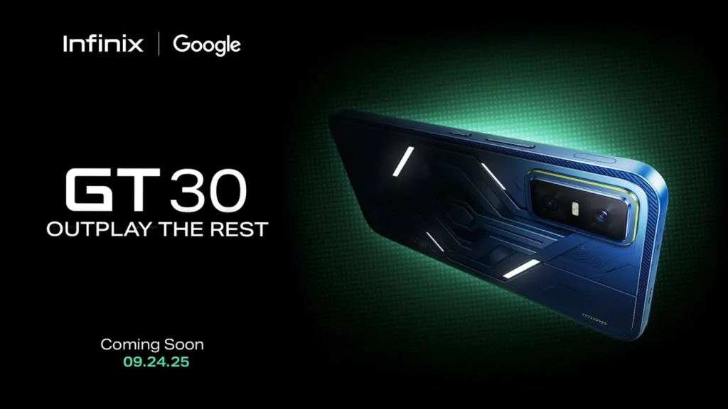 A teaser image for the Infinix GT 30 gaming phone, showing its blue back panel with futuristic light lines and the text "GT 30 - Outplay the Rest.