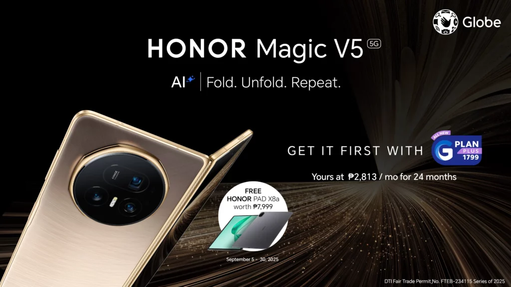 A promotional image for the HONOR Magic V5 5G foldable phone in gold. The phone is partially folded to show its design and camera. The text "GET IT FIRST WITH GPlan PLUS 1799" is prominently displayed, along with a free HONOR PAD X8a offer. The Globe logo is in the top right corner.