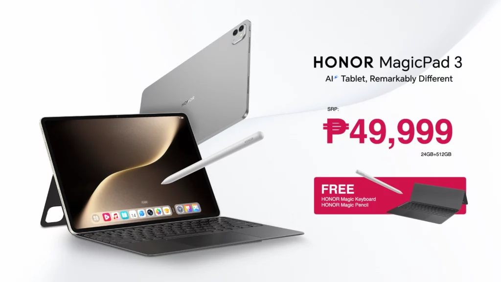 A product image of the HONOR MagicPad 3 in gray, shown with its keyboard and stylus. The tablet's screen displays a stylized wallpaper, and the stylus appears to be floating above it. The price "P49,999" is prominently displayed, along with text highlighting the free keyboard and pencil.