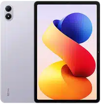 A lavender or light gray tablet, likely a Redmi Pad 2 Pro, shown from the back and front. The back has a subtle 'redmi' logo and a vertical dual-camera setup. The screen displays a colorful abstract wallpaper with a swirling orange, blue, and yellow shape.