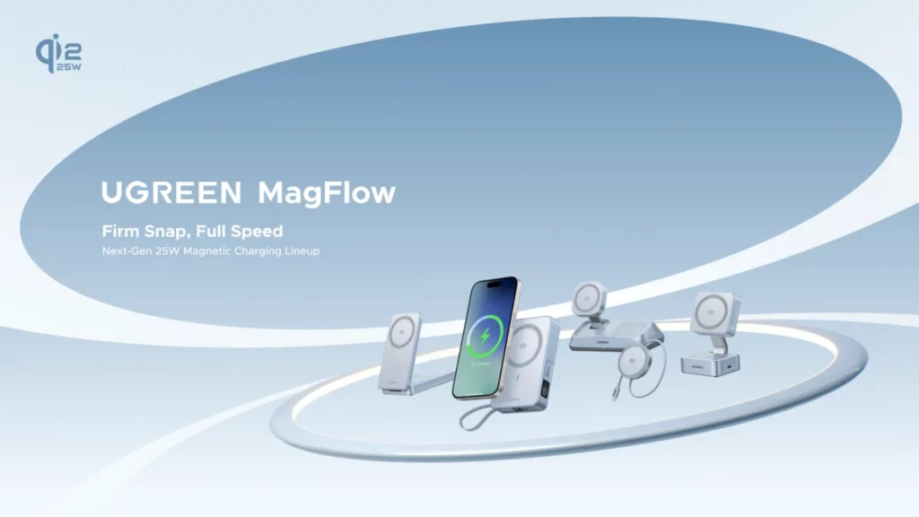 The UGREEN MagFlow lineup of magnetic wireless chargers, showcasing a power bank, a desktop charger, and a foldable travel charger on a modern, white background. The products support Qi2 25W fast charging for iPhone and Android devices.