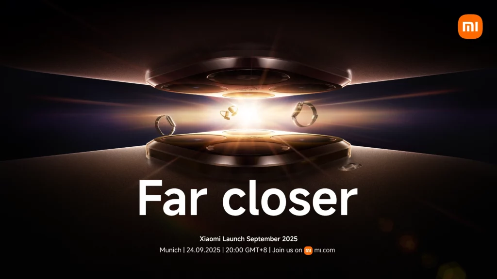 An official teaser for the Xiaomi 15T Series Global Launch. The image features a futuristic design showing two smartphone camera modules with light radiating from them. Text on the image confirms the launch date as September 24, 2025, in Munich, with the tagline "Far closer".