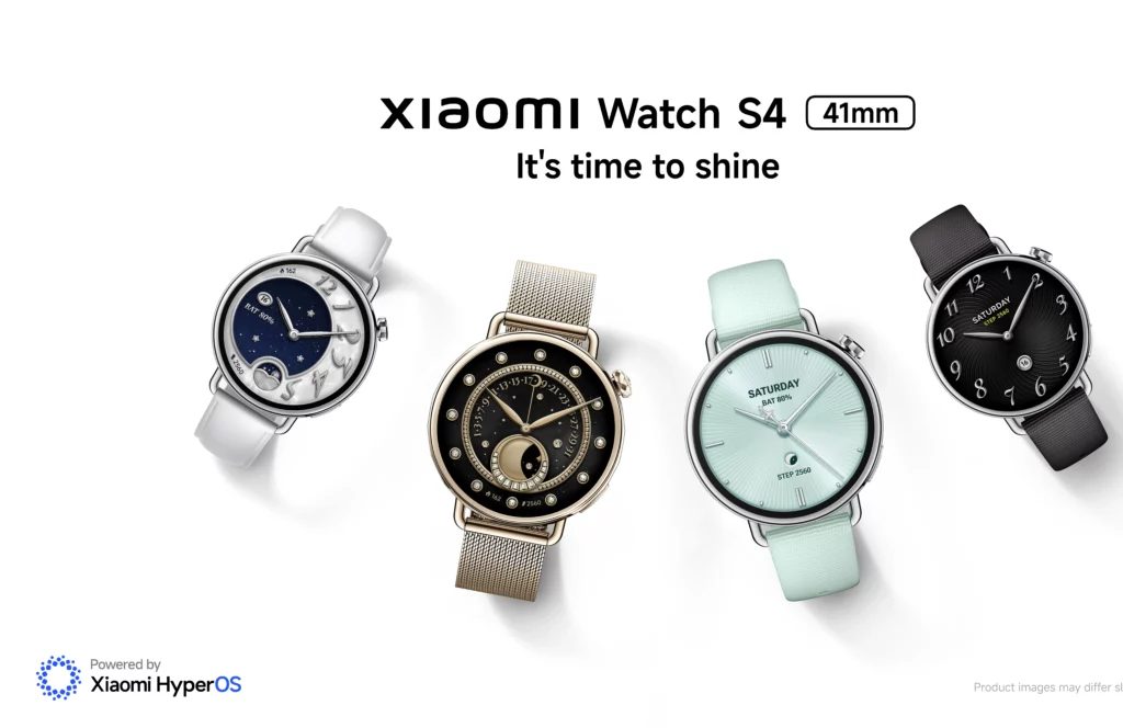 Four different styles of the Xiaomi Watch S4 41mm are displayed side-by-side. From left to right: a white strap with a yin-yang style celestial watch face; a gold Milanese strap with a black and gold decorative face; a mint green strap with a simple mint green face; and a dark gray strap with a black face and white numerals. The text "Xiaomi Watch S4 41mm" and "It's time to shine" is visible, along with the "Powered by Xiaomi HyperOS" logo.