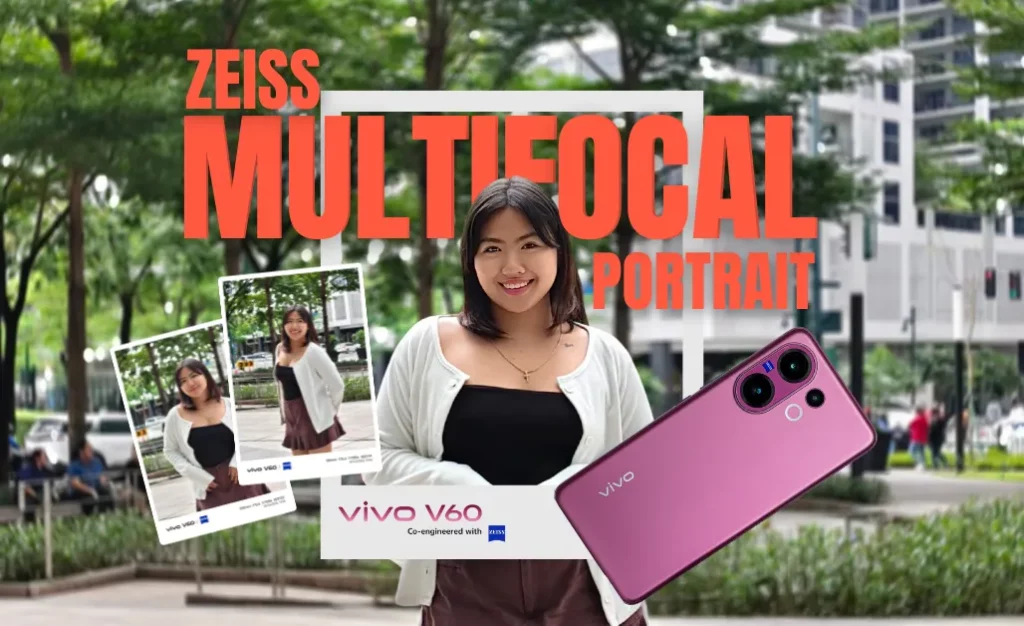 A promotional image for the vivo V60 smartphone. A woman stands in a green, urban plaza with modern skyscrapers in the background. She is smiling, positioned behind a white frame containing the phone's name and the text "ZEISS MULTIFOCAL PORTRAIT." Two smaller portrait photos are overlaid on the left, and a pink vivo V60 phone is floating on the right.