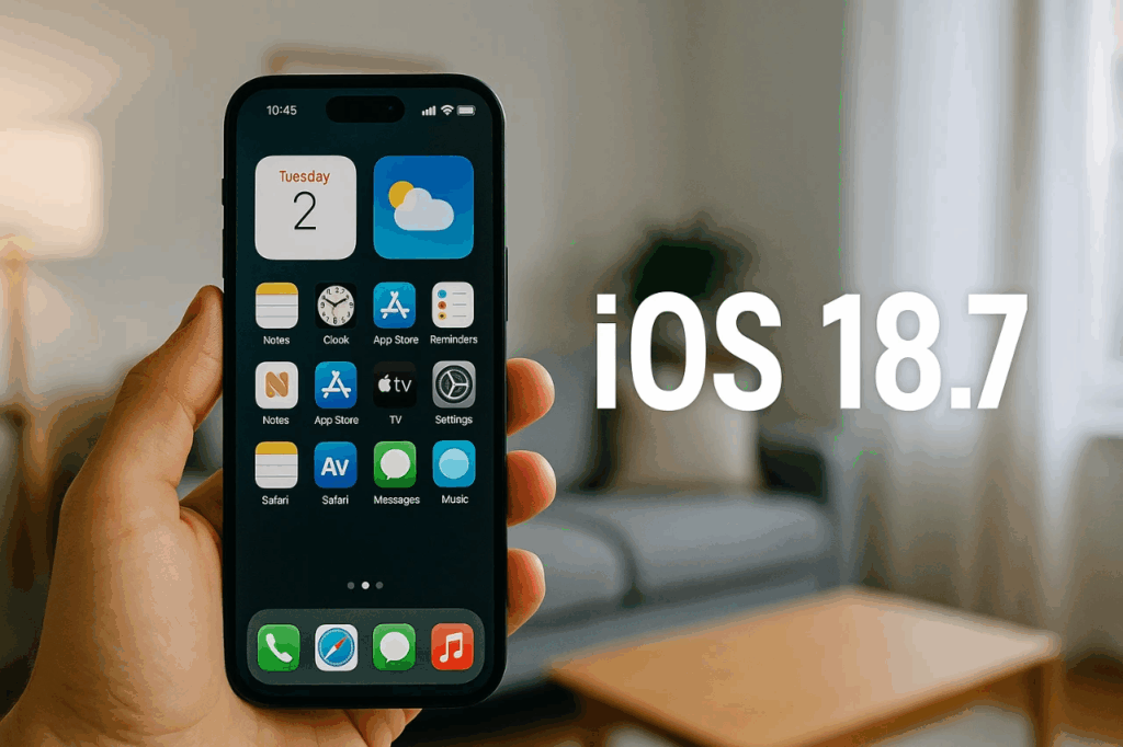 iOS 18.7 A hand holds a black iPhone displaying the home screen with various app icons, including Weather, Clock, and Notes. In the blurred background of a living room, large white text reads "iOS 18.7". Below the image, a caption says "iOS 18.7 Release Date and Rumored Features via, Geeky Gadgets."