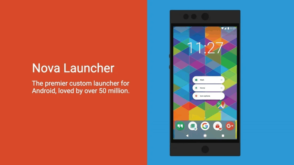 An image for Nova Launcher, a custom Android launcher. The image is split into two vertical sections. The left section, with an orange background, has the text "Nova Launcher" in a large font, and a tagline beneath it that says, "The premier custom launcher for Android, loved by over 50 million." The right section, with a blue background, shows a stylized black smartphone. The phone's screen displays a customized home screen with a colorful, geometric wallpaper, a digital clock widget, a search bar, and several app icons at the bottom, including a Google folder, the Play Store, and Google+. A menu is also shown open with options like "hyph," "Home," and "Main options."
