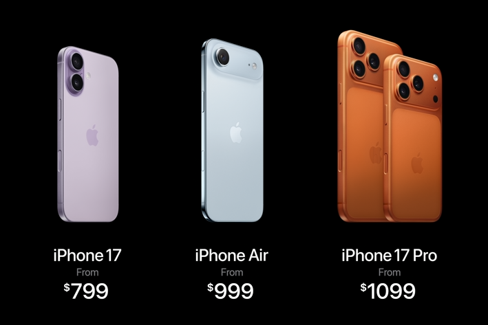 An image displaying three new iPhone models from the iPhone 17 Series against a black background. From left to right:
The iPhone 17 in a purple color with two camera lenses. The text below it says "From $799."
The iPhone Air in a light blue color with a single camera lens. The text below it says "From $999."
The iPhone 17 Pro in an orange color, with two phones shown to highlight their sizes. Both have a triple-lens camera system. The text below it says "From $1099."
A simple label at the bottom reads "iPhone 17 Series."