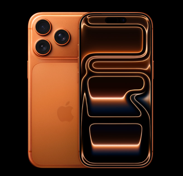 An image of a high-quality render of an orange smartphone with a triple-lens camera system on the back, and the Apple logo. The front of the phone is also shown, featuring a pill-shaped cutout at the top and a dynamic, glowing orange and black abstract design on the screen. The phone is set against a solid black background.