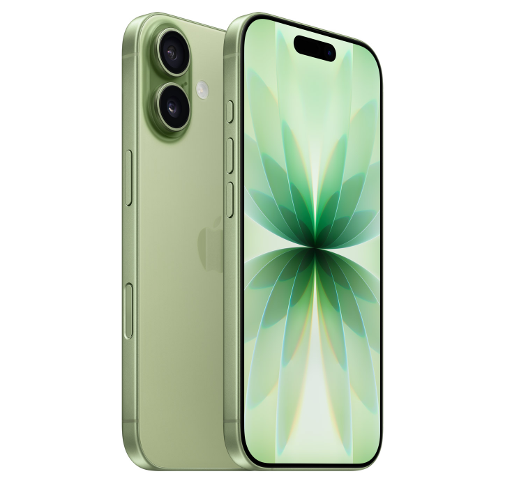 An image displaying two new iPhone models side-by-side. On the left is the iPhone 17 in a light green color, shown from a slight angle to reveal its front with a pill-shaped cutout and its back with a dual-camera system. Its screen shows a wallpaper with a green floral or leaf pattern. On the right is the iPhone 17 Air in a light blue-gray color, shown from the back, featuring a single camera lens.
