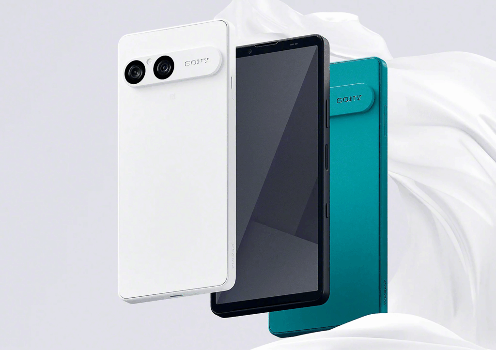 The new Sony Xperia 10 VII smartphone in white, charcoal, and turquoise, displayed against a soft white background to showcase its design and colors.
