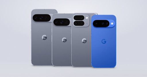 A group of four Google Pixel phones, including a blue model, all shown from the back, highlighting their horizontal camera bars.