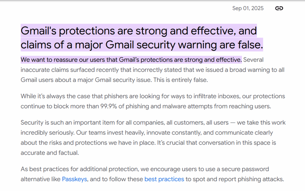 Google report about gmail security warning.