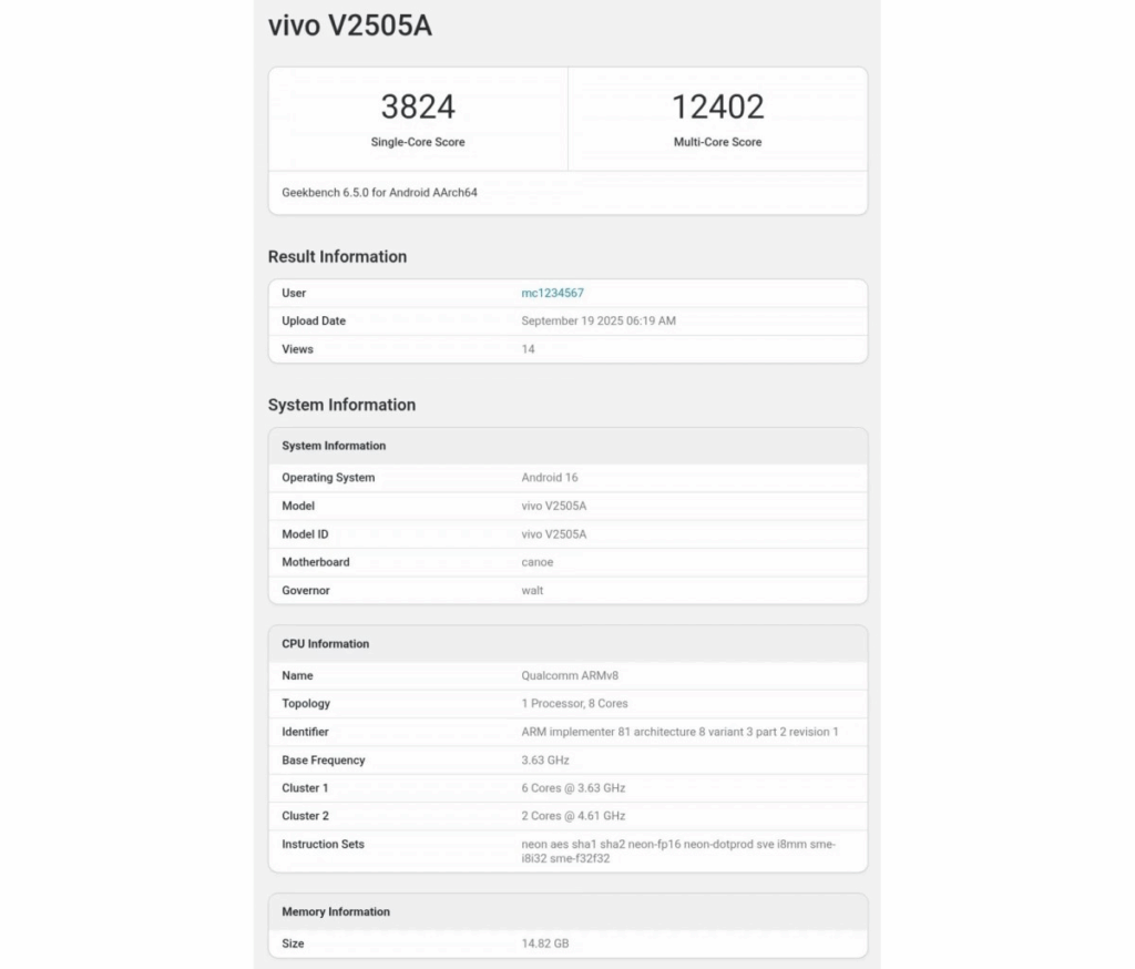 iQOO 15 Geekbench listing