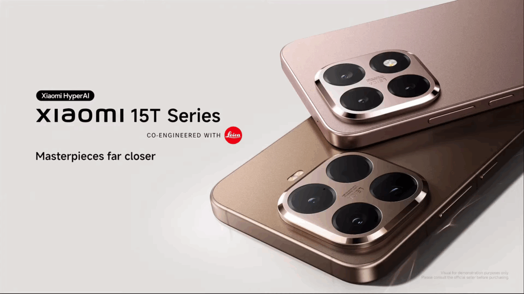 A promotional image for the "Xiaomi 15T Series" co-engineered with Leica. The text includes "Xiaomi HyperAI" and the slogan "Masterpieces far closer." The image shows two bronze-colored phones from the series with their triple-camera modules visible.