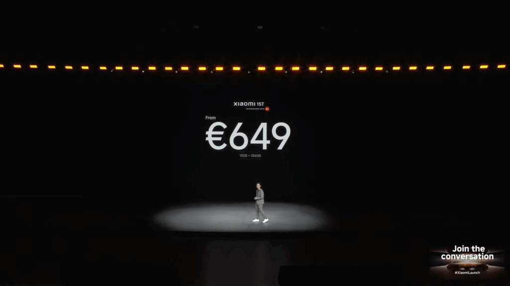 A stage slide from the Xiaomi launch event announcing the starting price for the Xiaomi 15T. The text displays "From €649" for the "12GB + 256GB" configuration. A presenter stands on a spotlighted area of the dark stage.