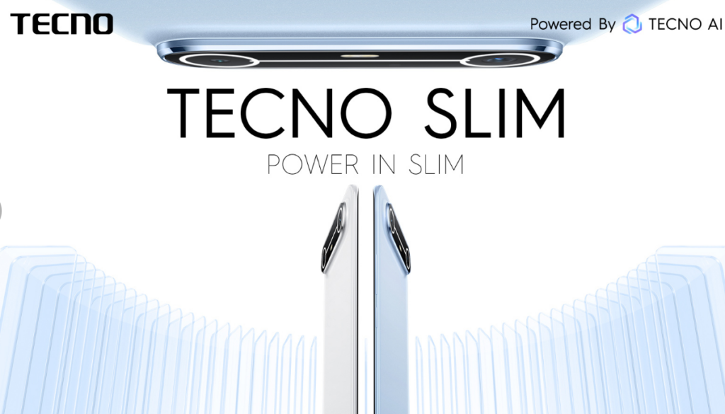 A clean, minimalist promotional image for the "TECNO SLIM" smartphone. The top of the image shows a close-up of the phone's slim profile, specifically the camera module with two lenses. The text "Powered By TECNO AI" is in the top right corner. The main title "TECNO SLIM" is prominently displayed in the center, with "POWER IN SLIM" as a tagline beneath it. At the bottom, two phones are shown vertically, facing each other with their side profiles, suggesting their slim design. Light blue, translucent, wave-like elements emanate from the sides of the phones, reinforcing the idea of "slimness" or sleekness. The TECNO logo is in the top left.