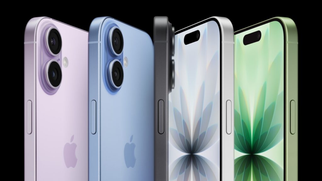 An image showcasing the different color options for the iPhone 17. Four phones are lined up side-by-side against a black background. From left to right, the phones are in a light purple, a light blue, a light gray/silver, and a light green. The purple and blue phones are shown from the back, displaying their dual-camera systems and the Apple logo. The gray/silver and green phones are shown from the front, revealing a pill-shaped cutout at the top of their screens and a wallpaper featuring a symmetrical, abstract floral or leaf design. A label at the bottom reads "iPhone 17 color options."