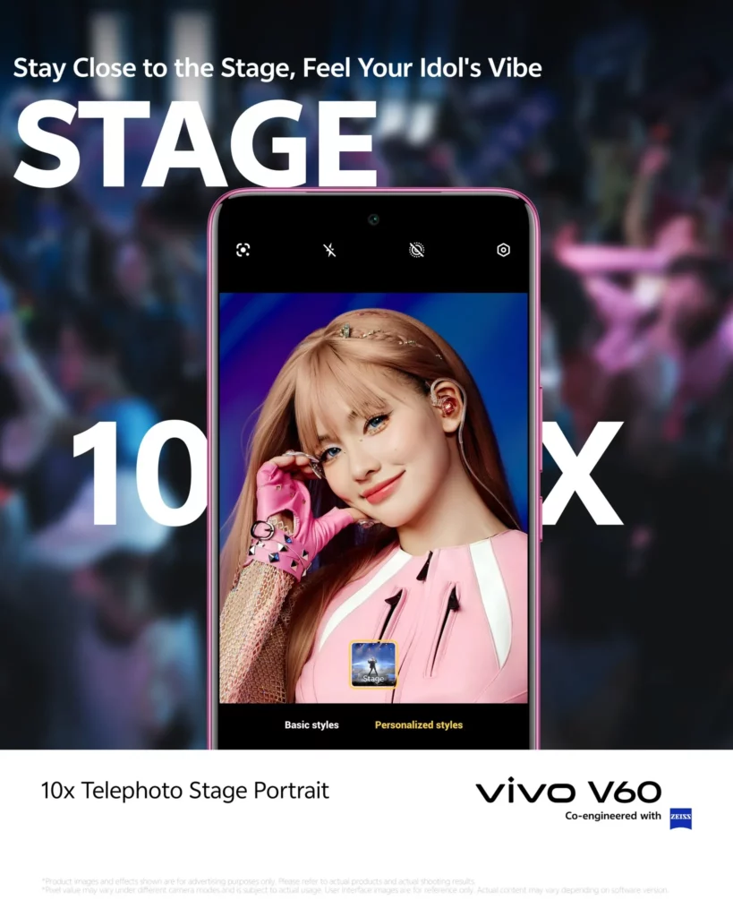 vivo V60's 10x Telephoto Stage Portrait feature showcasing a detailed, close-up photo of a person taken from a distance.
