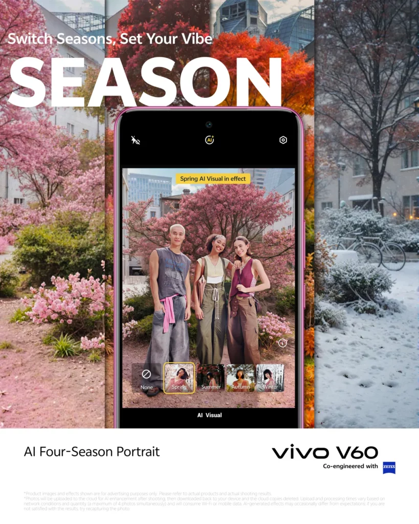 vivo V60 AI Four-Season Portrait feature displaying a group of people with backgrounds transformed into different seasons: spring, summer, autumn, and winter.