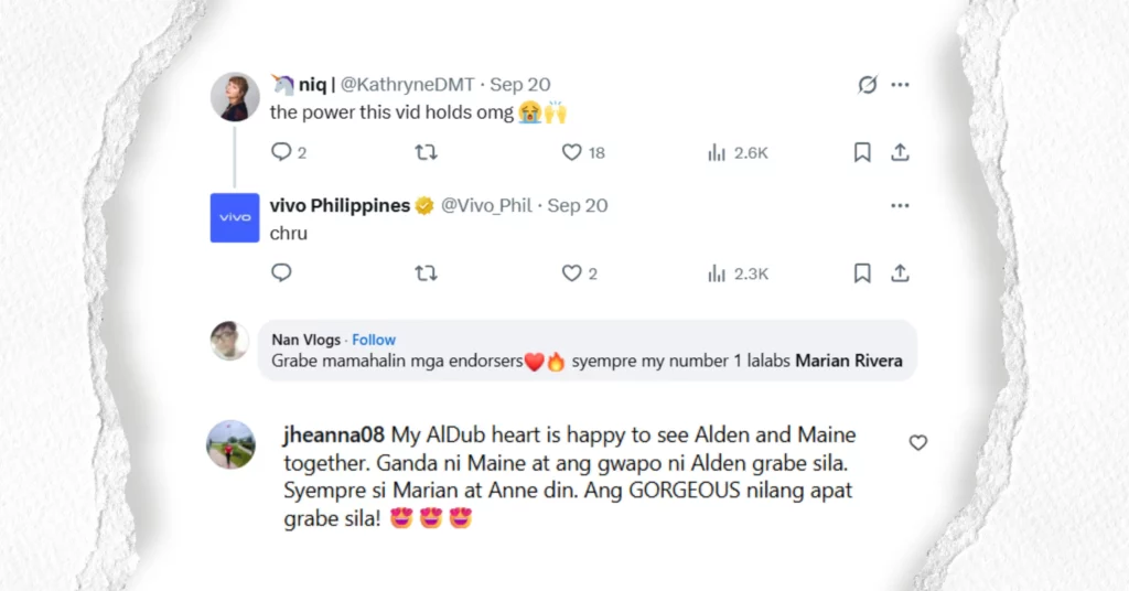 A social media screenshot displaying positive fan reactions and comments about the **vivo** ambassador video. The text includes praise for the endorsers and mentions names like Marian Rivera, Alden, and Maine.