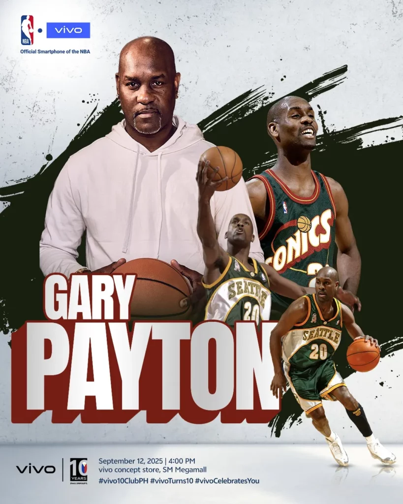 A promotional poster for a vivo event featuring NBA legend Gary Payton. The image shows a large portrait of him in a white hoodie, along with smaller images of him in his Seattle SuperSonics basketball uniform, holding and dribbling a ball. The event details and hashtags are included at the bottom.