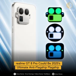 A promotional image for the Realme GT 8 Pro featuring the smartphone's unique triple-camera module on a white back panel. The tagline reads “realme GT 8 Pro Could Be 2025’s Ultimate Anti-Flagship Flagship” in a bold yellow banner. To the right, three alternative glowing camera layout designs are displayed in green, blue, and black themes. The Unbox Diaries branding is visible in the corner.