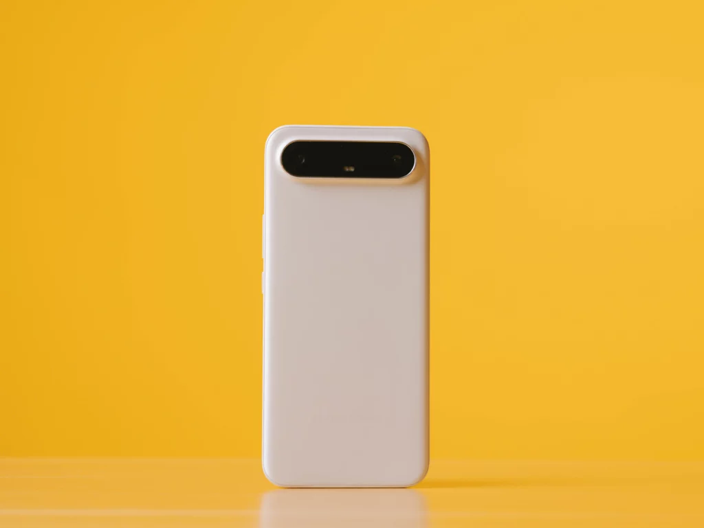 The white TECNO SPARK Slim phone stands upright on a wooden surface against a bright yellow background, showcasing the full back design.