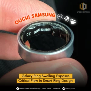 An image highlighting a critical design flaw in the Samsung Galaxy Ring. The image is a close-up of a person's fingers holding a silver smart ring, with the inner lining clearly showing swelling and damage, exposing the internal "SAMSUNG" branding. The text "OUCH! SAMSUNG" is in large, orange, distressed font at the top left, accompanied by sad emojis (a worried face, a broken horse-like figure, and a broken heart). A yellow banner at the bottom reads, "Galaxy Ring Swelling Exposes Critical Flaw in Smart Ring Design."