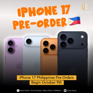 An advertisement announcing iPhone 17 Philippines Pre-Orders. The image displays four iPhones in different colors: purple, white, gold/orange, and dark blue/black, arranged in a row. The camera modules with multiple lenses are visible on the back of each phone. Large, bold orange text at the top reads, "IPHONE 17 PRE-ORDER," accompanied by a Philippine flag icon. A yellow banner at the bottom confirms, "iPhone 17 Philippines Pre-Orders Begin October 9th."