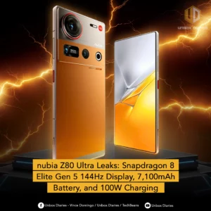 Leaked render of the nubia Z80 Ultra showcasing its bold orange and silver design, large rear camera module with multiple sensors, and edge-to-edge display. The promo highlights key specs: Snapdragon 8 Elite Gen 5 chip, 144Hz screen, massive 7,100mAh battery, and 100W fast charging, with electric lightning effects in the background for emphasis.