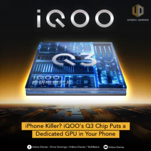 An advertisement for iQOO's Q3 Chip, positioned as an "iPhone Killer." The image features a glowing blue, futuristic-looking chip with "iQOO Q3" prominently displayed on it, suggesting advanced technology. The chip is set against a dark, circuit board-like background with a warm glow beneath it. The word "iQOO" is in large, silver text at the top. A yellow banner at the bottom asks, "iPhone Killer? iQOO's Q3 Chip Puts a Dedicated GPU in Your Phone."