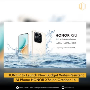 A promotional image for the HONOR X7d smartphone, featuring the device partially submerged in water to highlight its water resistance. The phone, which appears light gold or beige, is splashed with water droplets, and its rear camera module with a 108MP inscription is clearly visible. Text next to the phone reads "HONOR X7d," "AI + All-Angle Water Resistant," and lists key features: "512GB Bigger Storage," "6500mAh Dual-cell Battery," and "One-Click AI Button." The launch date is stated as "Splashing on October 14, 2025."