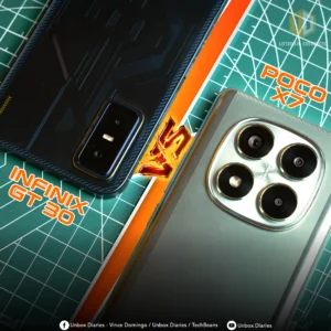 A cropped shot of two smartphones, set against a green cutting mat background. The phone on the left, labeled 'INFINIX GT 30,' has a dark, textured back. The phone on the right, labeled 'POCO X7,' is silver with a prominent, circular triple-camera setup. A red and yellow 'VS' graphic is placed over the center dividing line. The bottom of the image includes branding for 'Unbox Diaries - Vince Domingo / Unbox Diaries / TechBeans.
