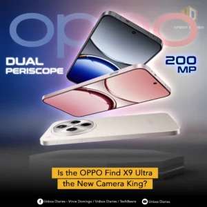 An advertisement for the OPPO Find X9 Ultra, questioning if it's the "New Camera King." The image features three smartphones arranged vertically, emphasizing their design. The top phone is dark, the middle one is pink, and the bottom one is white/cream, showcasing its large, multi-lens camera module. Text on the left side reads "DUAL PERISCOPE" and on the right, "200 MP," highlighting key camera features. The word "oppo" is in large, faded pink and blue text in the background. A yellow banner at the bottom asks, "Is the OPPO Find X9 Ultra the New Camera King?"