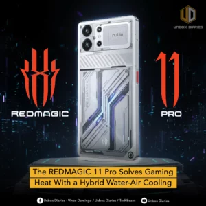 The REDMAGIC 11 Pro gaming smartphone displayed with futuristic silver design and RGB lighting accents. The image highlights the phone’s cooling features with the text “The REDMAGIC 11 Pro Solves Gaming Heat With a Hybrid Water-Air Cooling.” Red Magic and Unbox Diaries logos are visible on the sides.