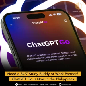 An advertisement announcing the launch of ChatGPT Go in the Philippines. The image features a smartphone displaying the ChatGPT Go app interface, with the words "ChatGPT Go" prominently shown in purple and white. The screen describes it as "ChatGPT now has our smartest, fastest, most useful model yet, with thinking built in — so you get the best answer, every time." The background is a blurred image of keyboard keys. A yellow banner at the bottom asks and answers, "Need a 24/7 Study Buddy or Work Partner? ChatGPT Go is Now in the Philippines."