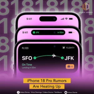 An advertisement about iPhone 18 Pro rumors. The image features three iPhone screens stacked on top of each other, displaying a flight tracking app. The top screen shows a simple black dynamic island, the middle one shows a smaller green dynamic island indicating "JFK in 55m," and the bottom screen shows full flight details from "SFO" to "JFK," indicating "On Time, Landing in 55m." The screens are glowing purple against a background of repeating "8"s and "1"s. A yellow banner at the bottom reads, "iPhone 18 Pro Rumors Are Heating Up."