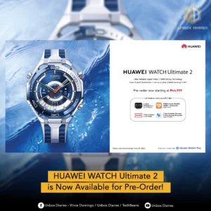 Close-up of the HUAWEI WATCH Ultimate 2, a blue and silver smartwatch with a prominent bezel, partially submerged in clear blue water. The text highlights its 'Ultra Reliable Liquid Metal,' '100M Diving Technology,' and features like 'Sonar-based Underwater Communication.' A banner announces 'HUAWEI WATCH Ultimate 2 is Now Available for Pre-Order!' starting at ₱44,999 with up to ₱17,385 worth of freebies.