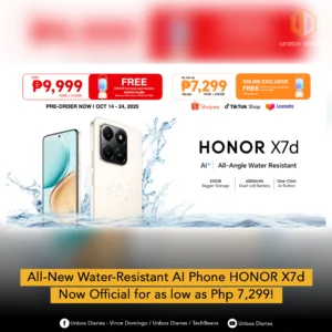 An advertisement for the HONOR X7d AI smartphone, showcasing the beige/white device partially submerged in splashing water to highlight its 'All-Angle Water Resistant' feature. The ad displays pricing and offers: the ₱9,999 pre-order for the 512GB variant (with a free HONOR Camping Light Speaker worth ₱4,999), and the online-exclusive price of ₱7,299 for the 256GB variant. Key features listed are 'AI', '6500mAh Dual-cell Battery', and 'One-Click AI Button'.
