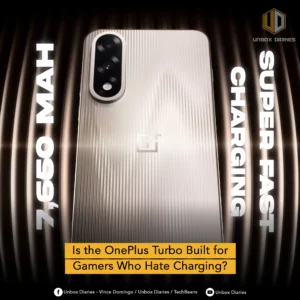 A gold/champagne colored smartphone with a textured, vertical ribbed back is centrally displayed against a dark, slightly blurred background. The phone features a prominent black camera module with two lenses. Large white text on the left reads "7,650 MAH" and on the right, "SUPER FAST CHARGING". The "UNBOX DIARIES" logo is at the top right. A yellow banner at the bottom asks, "Is the OnePlus Turbo Built for Gamers Who Hate Charging?". Social media icons and text are present at the very bottom.