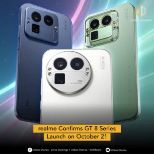 Three smartphones with distinct color schemes and camera designs are displayed in a dynamic composition against a blurred, colorful background with neon light streaks. In the foreground, a white smartphone shows a prominent, circular camera module with two large lenses and "200M HYPERIMAGE" text. Behind it, to the left, is a dark blue phone with a rectangular camera array. To the right, a light green phone features a similar rectangular camera array, enclosed in a transparent or light-colored housing. All three phones have "RICOH GR" branding near their cameras. The "UNBOX DIARIES" logo is at the top right. A yellow banner at the bottom reads "realme Confirms GT 8 Series Launch on October 21". Social media icons and text are present at the very bottom.