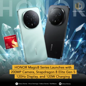 Two smartphones, one light blue/green and one black, are shown against a backdrop of glowing blue crystal-like formations. Both phones feature a large, circular camera module on their backs. A red "Snapdragon 8 Elite Gen 5" logo is prominently displayed to the left of the phones. The "UNBOX DIARIES" logo is at the top right. A yellow banner at the bottom provides details: "HONOR Magic8 Series Launches with 200MP Camera, Snapdragon 8 Elite Gen 5 120Hz Display, and 120W Charging". Social media icons and text are at the very bottom.